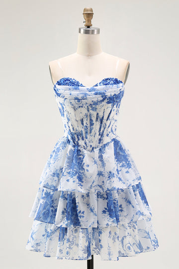 Strapless White Blue Flower Corset A-Line Tiered Ruffle Cocktail Dress